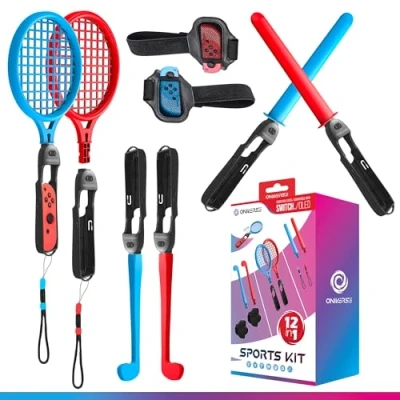 Abbildung von Oniverse 12 in 1 Nintendo Switch Sport Zubehör Bündeln, Kits mit Handschlaufen, Schläger, Chanbara Schwerter, Golfschläger, Beingurte und Universalgriffe für Joy Con