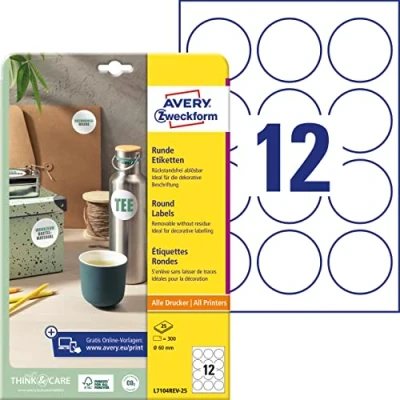 Abbildung von AVERY Zweckform L7104REV 25 runde Etiketten (zum Bedrucken, selbstklebend, Ø 60 mm, A4, 300 Aufkleber auf Blatt, wieder haftende Klebepunkte zum Kennzeichnen von Unterlagen, Produkten) weiß