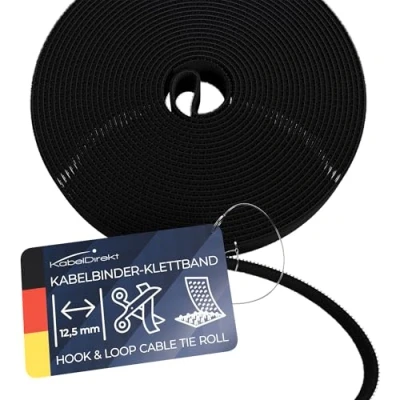 Abbildung von KabelDirekt Kabelbinder Klettband 5 m Rolle, 12,5 mm breit zuschneidbare Klett Rolle/Kabelmanagement mit Klettverschluss (wasserfest, umweltfreundlich, wiederverwendbar schwarz)