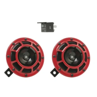 Abbildung von HELLA Horn KFZ Hupe Auto B133 SET 2 Stück 12V 118dB(A) 300 / 500Hz Tiefton/Hochton elektrisch Farbe: rot/schwarz Flachsteckanschluss inkl. Relais 3AG 003 399 801