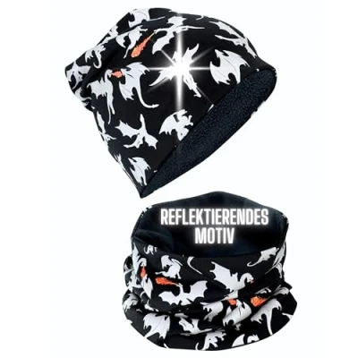 Abbildung von HECKBO 360 Reflektor Kinder Beanie Mütze &amp; Loop Schal Set mit reflektierenden Drachen Dragon Vliesfutter innen 2 6 Jahre 95% Baumwolle