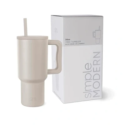 Abbildung von Simple Modern Thermobecher mit Strohhalm und Griff Isolierter Edelstahl Trinkbecher Eiskaffee Reisebecher Geschenke für Frauen Männer Trek 890ml Almond Birch