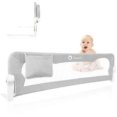 Abbildung von Lionelo Eva Rausfallschutz Bett Kinderbett, Bettgitter, Bettschutzgitter, luftiges Netz, zusammenklappbar um 180 Grad, einfache Montage, 150 cm lang