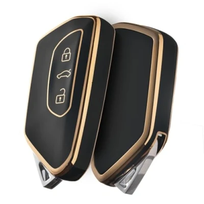 Abbildung von OATSBASF Autoschlüssel Hülle für VW, Schlüssel Kompatibel Golf 8 Seat Leon MK 4 Tarraco Ateca Skoda Octavia TPU Silicone Schlüsselhülle (Goldener Rand Schwarz)