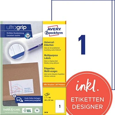 Abbildung von AVERY Zweckform 3418 Universal Etiketten (100 Klebeetiketten, 200x297mm auf A4, Papier matt, bedruckbare Versandetiketten, selbstklebende Versandaufkleber mit ultragrip, DHL) 100 Blatt, weiß