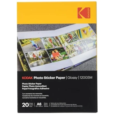 Abbildung von KODAK Photo Sticker Paper Fotopapier, selbstklebend, Format 21 x 29,7 cm (A6), glänzend, 120 g/m;, kompatibel mit Tintenstrahldruckern, Weiß, 20 Blatt