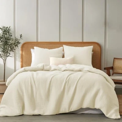 Abbildung von Dreamzie Musselin Bettwäsche 200x200 cm aus 100% Baumwolle Set mit 1 Bettbezug und 2 Kissenbezügen 80x80 Oeko Tex Reißverschluss Beige