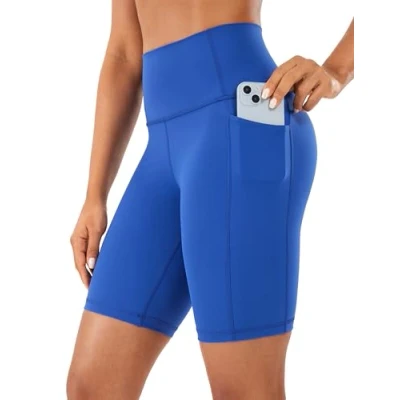 Abbildung von CRZ Yoga Naked Feeling Damen Radlerhose mit Taschen Hohe Taille Shorts Kurze Sporthose Sport Leggings Sportshorts 20cm Wellen Blau 40