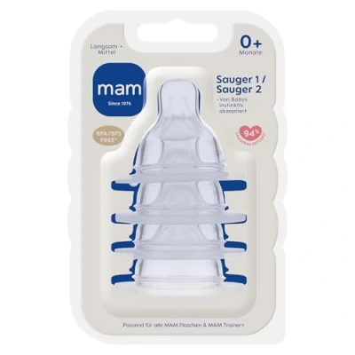 Abbildung von MAM Sauger Größe 1 + 2 im 4er Set, Flaschensauger (Durchflussrate langsam mittel), weicher Trinksauger passend für alle Flaschen &amp; Trainer, ab der Geburt