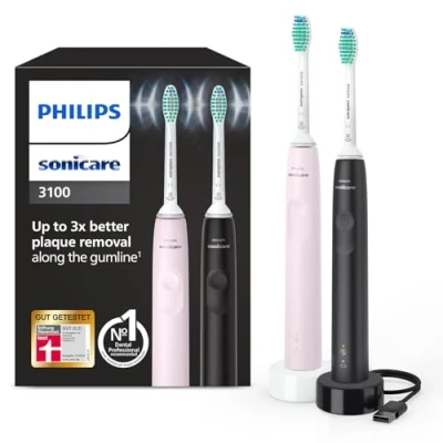 Abbildung von Philips Sonicare 3100 elektrische Zahnbürste, Schallzahnbürste, Andruckkontrolle und Timer, Sugar Rose Schwarz, Zweierpack, Modell HX3675/15