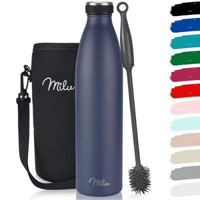 Abbildung von Milu Edelstahl Trinkflasche 350ml 500ml 750ml 1L, 1,5L Thermosflasche Isolierte Wasserflasche Auslaufsichere Isolierflasche doppelwandig Kohlensäure geeignet inkl. Reinigungsbürste (Navyblau, 750ml)