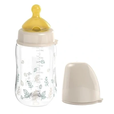 Abbildung von nip Weithalsflasche Babyflasche mit Ventil für optimalen Lufteinstrom und zwei Naturkautschuk Trinksauger. Stillfreundliche aus robustem Material Gr. S &amp; M, 260ml, Beige