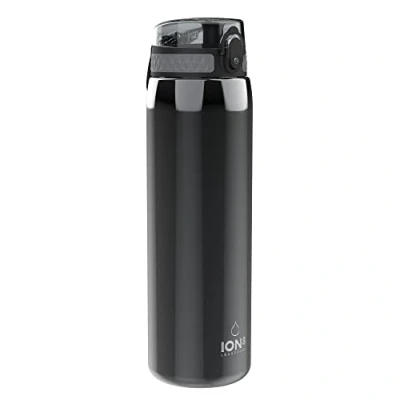 Abbildung von Ion8 1,2 Liter Edelstahl Trinkflasche, Auslaufsicher, Einhandöffnung, Sichere Verriegelung, Spülmaschinenfest, Klappdeckel, Tragegriff, Leicht zu Reinigen, Langlebig, Metallisches Grau