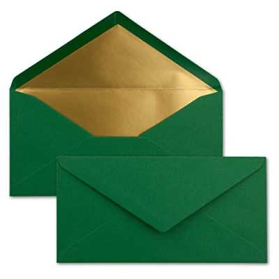 Abbildung von 15 Brief Umschläge DIN Lang Dunkelgrün mit Gold Metallic Innen Futter 110 x 220 mm Nassklebung festliche Kuverts für Weihnachten