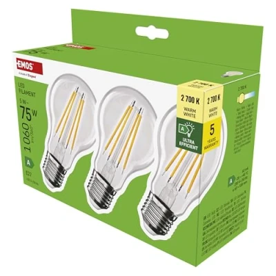 Abbildung von EMOS LED Lampe Filament A60 A Klasse Vintage Glühbirne E27 Sockel warmweiß 1060 lm extra sparsam, 5W (statt 75W Birne) 50000 Stunden Winkel 300 CRI min. 80 3er Pack