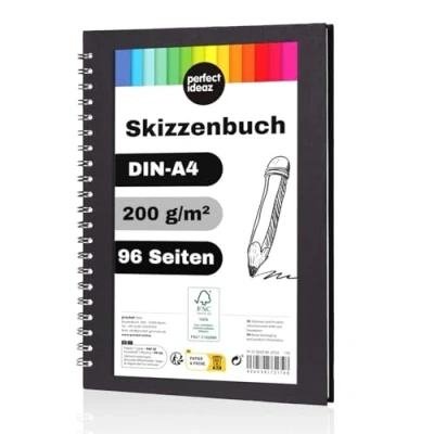 Abbildung von perfect ideaz Skizzenbuch DIN A4, Spiralbindung, FSC® zertifiziert, 96 Seite (48 Blatt), Hardcover Schwarz, Sketchbook, 200 g/m² dickes Papier, säurefrei