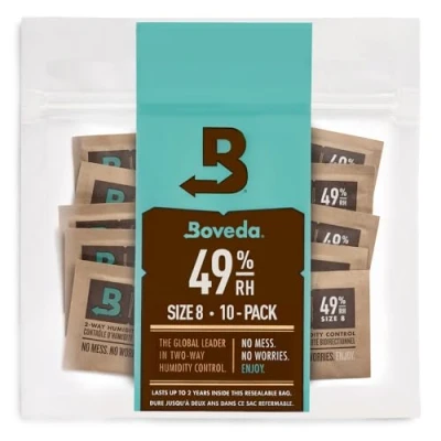 Abbildung von Boveda für Verpackungen &amp; zur Lagerung von feuchtigkeitsempfindlichen Produkten 2 Wege Feuchtigkeitsregulierung mit 49 % relativer Feuchtigkeit Größe 8 bis zu 30 Gramm wiederverschließbare Verpackung 10 Stück