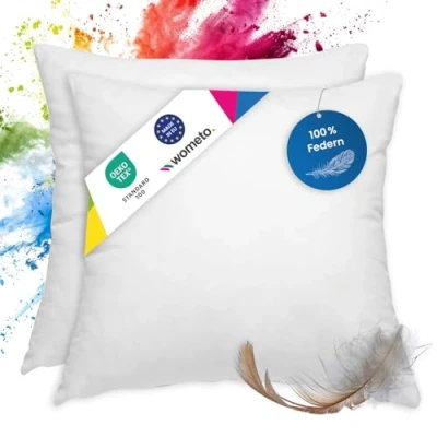 Abbildung von wometo 2er Set Federkissen 100% Federn 40x40 300g Oeko TEX Sofakissen Füllkissen Bezug Baumwolle weiß/Innenkissen/Kissenfüllung/kleine Kopfkissen (2 Stück)