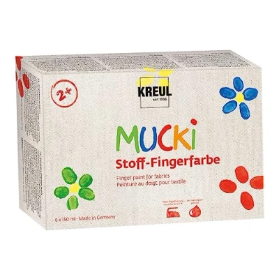 Abbildung von KREUL 28420 Mucki Stoff Fingerfarbe, leuchtkräftige Farben auf Wasserbasis für Kinder ab 2 Jahren, 6 x 150 ml Weiß, Gelb, Rot, Grün, Blau, Violett