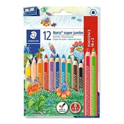 Abbildung von STAEDTLER Buntstift Noris super jumbo, erhöhte Bruchfestigkeit, Sechskantform, ABS System, attraktive Sternchenprägung, Set mit 12 brillanten Farben und einem Spitzer, 129 NC12P1, Stück (1er Pack)