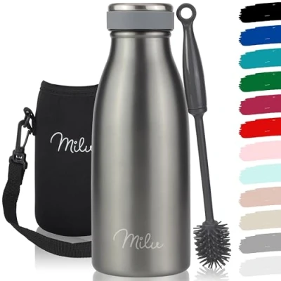 Abbildung von Milu Edelstahl Trinkflasche 350ml, 500ml, 750ml, 1L, 1,5L Thermosflasche für Kinder Erwachsene auslaufsicher Isolierflasche Kohlensäure geeignet inkl. Reinigungsbürste (Grau, 350ml)