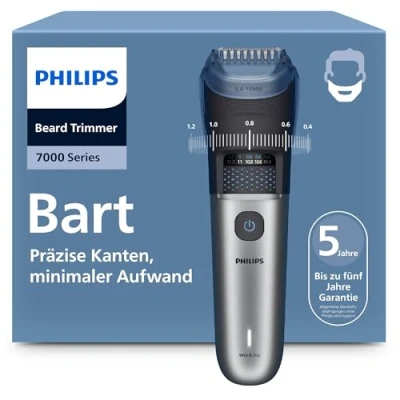 Abbildung von Philips Bartschneider 7000er Serie selbstschärfende Metallklingen, 40 Längeneinstellungen, BeardSense Technologie, Haarkollektor, 100% wasserdicht, breiter Trimmer, Modell BT7670/15