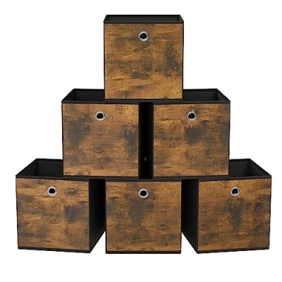 Abbildung von SONGMICS Aufbewahrungsbox, 6er Set, Ordnungsboxen, Vliesstoff, Faltbox, 33 x cm, Stoffbox, für Würfelregal, Organizer Kleidung, vintagebraun schwarz RFB133B01