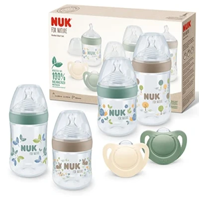 Abbildung von NUK for Nature Perfect Start Set Babyflasche und Schnuller 0−6 Monate 100 % natürliche Rohstoffe 4 x Flaschen (150 ml + 260 ml) 2 aus Silikon BPA frei 6 Stück