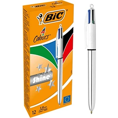 Abbildung von BIC 4 Farben Kugelschreiber Set Colours Shine, in Silber, 12er Pack, Ideal für das Büro, Home Office oder die Schule