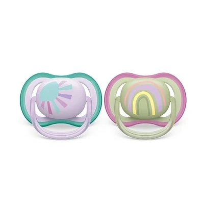 Abbildung von Philips AVENT ultra air Schnuller 2er Pack, BPA freier, atmungsaktiver für Babys von 0 6 Monaten, inklusive Transport und Sterilisationsbox, lila/grün (Modell SCF085/59)