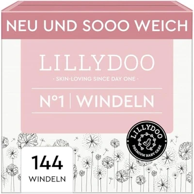 Abbildung von LILLYDOO hautfreundliche Baby Windeln Größe 1 (2 5 kg), Monatsbox (144 Stück), Sicherer Auslaufschutz, Weich, Ohne Parfüme &amp; Lotionen für empfindliche Haut, Dermatologisch getestet