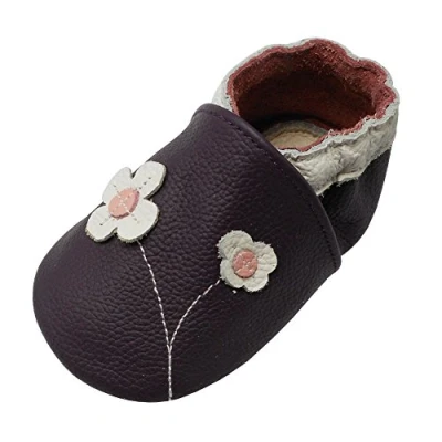 Abbildung von YALION Baby Mädchen Weiches Leder Lederpuschen Kleinkinder Krabbelschuhe mit Süßen Blumen Lila,EU 24/25=XL