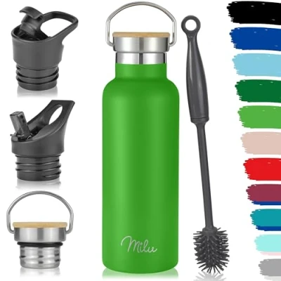 Abbildung von Milu Edelstahl Trinkflasche 350ml 500ml 750ml 1000ml (+3 Deckel) Thermosflasche mit Strohhalm, Isolierte Wasserflasche, Auslaufsichere Isolierflasche doppelwandig (Apfelgrün, 500ml)