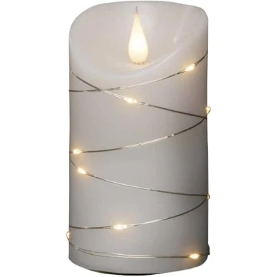 Abbildung von Konstsmide LED Echtwachskerze, weiß, mit 3D Flamme und silberfarbenem Draht umwickelt, 4h 8h Timer, 1 warm weiße Diode / 13 Tropfen, batteriebetrieben, Innen 1834 190