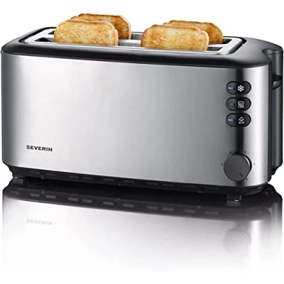 Abbildung von SEVERIN Automatik Langschlitztoaster, Toaster mit Brötchenaufsatz, hochwertiger Edelstahl großen Röstkammern und 1400 W Leistung, gebürstet/schwarz, AT 2509