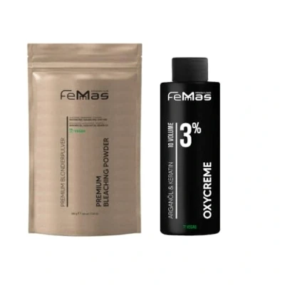 Abbildung von FemMas Blondier Set: Premium Blondierpulver 100g &amp; Oxycreme 100ml Perfektes Starter Set für blonde Haare bis zu 9 Tonstufen hellere in Salon Qualität (Blond, 3%)