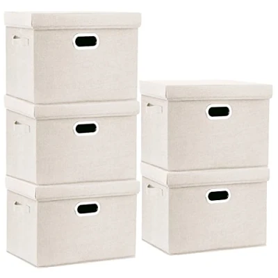 Abbildung von TYEERS Aufbewahrungsbox mit Deckel Groß, Stoff, Faltbare, Waschbare, Kisten Aufbewahrung Deckel, 44x30x29 cm, 5 Stück, Beige