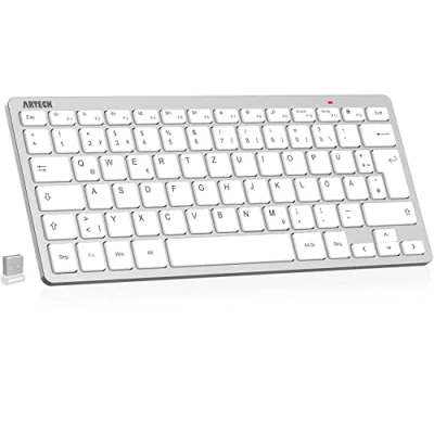 Abbildung von Arteck Kabellose Tastatur, Deutsches QWERTZ Layout Kompakte USB 2,4 GHz Mini Kabellos Tastatur mit Multimedia Tasten, Kompatibel PC, Notebook, Laptop, Windows 11, 10, 8 Silber