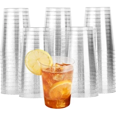 Abbildung von MATANA 60 Hartplastik Partybecher mit Silberglitzer (285ml / 10oz) Plastikbecher, Trinkbecher, Kunststoffbecher für Geburtstage, Hochzeiten &amp; Partys Stabil Mehrweg