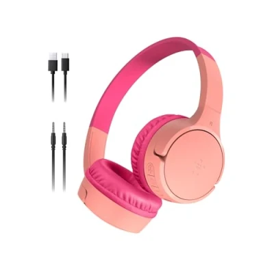Abbildung von Belkin SoundForm Mini kabelloser Kinderkopfhörer mit integriertem Mikrofon und lustigen Aufklebern, 30 Std. Wiedergabe Over Ear Kopfhörer für Unterricht, Ferien, iPhone, iPad, Galaxy Rosa