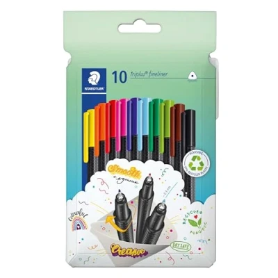 Abbildung von STAEDTLER Fineliner triplus, ergonomische Dreikantform, superfeine 0,3mm Spitze, lange Lebensdauer, DRY SAFE, PP Schaft, MIX und MATCH, 10 im Karton Kissenetui, 334 C10