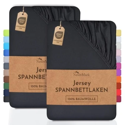 Abbildung von NatureMark 2er Pack Jersey Spannbettlaken, Spannbetttuch 100% Baumwolle in vielen Größen und Farben MARKENQUALITÄT ÖKOTEX Standard 100 90 x 200 cm schwarz