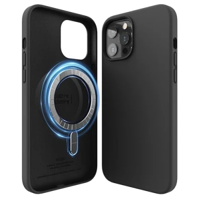 Abbildung von elago Magnetische Silikonhülle, kompatibel mit iPhone 12 Pro Max (6,7 Zoll), MagSafe Zubehör, eingebaute Magnete, Flüssigsilikon, Handyhülle (Schwarz)