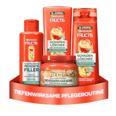 Abbildung von Garnier Fructis Schadenlöscher Haarpflege Set für geschädigtes Haar, Mit Pro Keratin und Marulaöl, Shampoo (250 ml), Spülung (200 Haarkur Maske (320 4 teilig