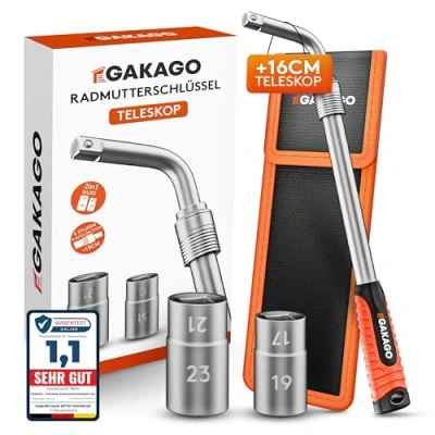 Abbildung von Gakago Teleskop Radmuttern Schlüssel Set mit 17/19mm &amp; 21/23mm Steckschlüssel Einsatz 1/2 Zoll Extra langer ausziehbarer Radschlüssel Praktische Aufbewahrungstasche Klett und Aufhängeöse
