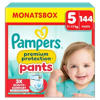 Abbildung von Pampers Baby Windeln Pants Größe 5 (12 17kg) Premium Protection, Junior mit Stop und Schutz Täschchen, MONATSBOX, 144 Höschenwindeln