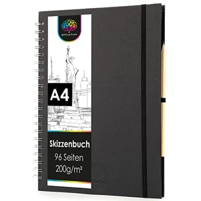 Abbildung von OfficeTree Skizzenbuch A4 Spiralbindung Hochformat 96 Seiten 48 Blätter Sketchbook 200g Weißes Blanko Papier Aquarell Skizzenheft inklusive Bleistift