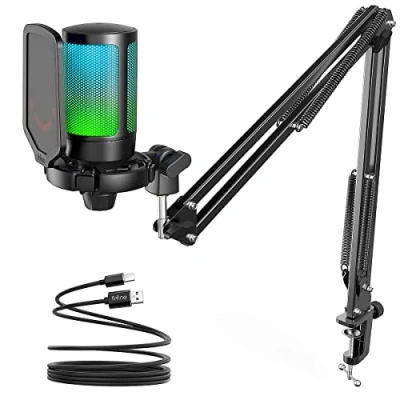 Abbildung von FIFINE Gaming Mikrofon PC mit Arm, USB Microphone Kit Stummschalttaste für Podcast Streaming Studio, MAC PS4 PS5