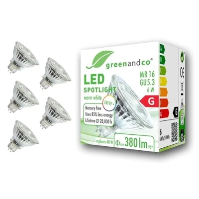Abbildung von greenandco 5x CRI 97+ MR16 GU5.3 LED Spot, 6W 380 lm 36 2700K warmweiß 12V AC/DC, nicht dimmbar, 2 Jahre Garantie