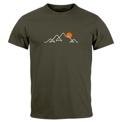 Abbildung von Neverless® Herren T Shirt Frontprint Line Art Berge Wandern Natur Outdoor Fashion Streetstyle Army XXL